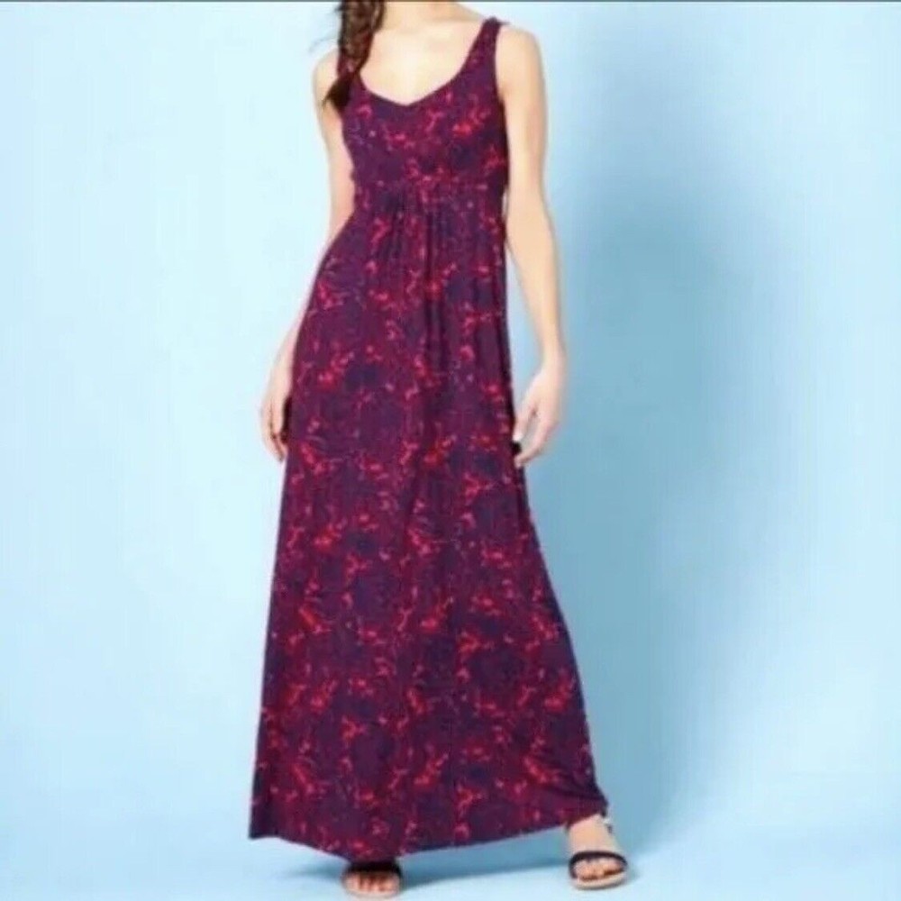 Boden Paisley Print Soft Stretch Jersey Shirred Maxi Red Blue Dress Size 10 R